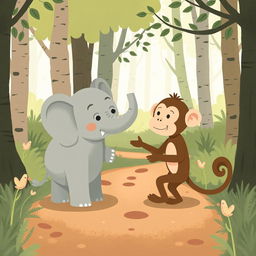 In a whimsical forest setting, a gray baby elephant and a brown baby monkey are in a playful argument on a forest path