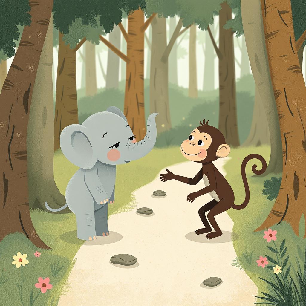 In a whimsical forest setting, a gray baby elephant and a brown baby monkey are in a playful argument on a forest path