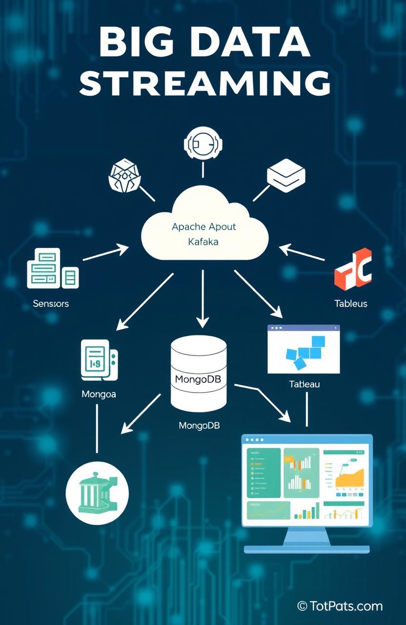 A visually engaging and informative illustration showcasing the integration of data streaming from IoT devices with Apache Kafka, MongoDB, and Tableau