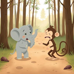 On a forest path, a gray baby elephant and a brown baby monkey are having an animated argument, both appearing quite upset