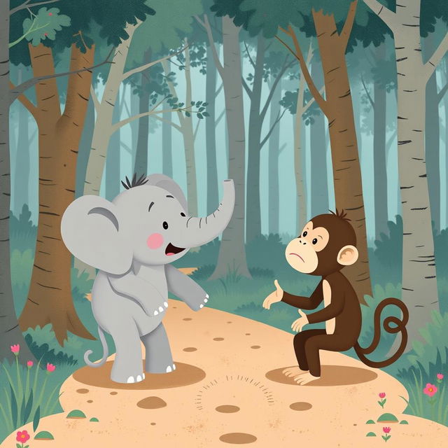 On a forest path, a gray baby elephant and a brown baby monkey are having an animated argument, both appearing quite upset