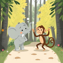 On a forest path, a gray baby elephant and a brown baby monkey are having an animated argument, both appearing quite upset
