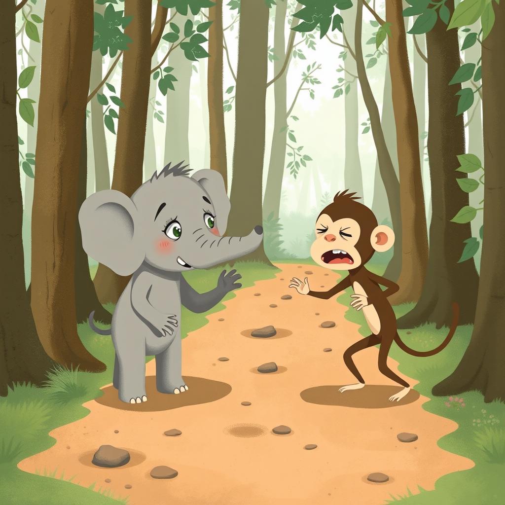 On a forest path, a gray baby elephant and a brown baby monkey are having an animated argument, both appearing quite upset