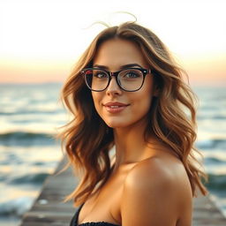 A beautiful woman with wavy hair, elegantly wearing stylish glasses, stands at the end of a beach dock