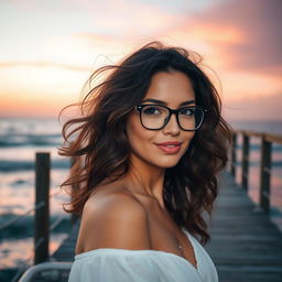 A beautiful woman with wavy hair, elegantly wearing stylish glasses, stands at the end of a beach dock