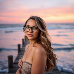 A beautiful woman with wavy hair, elegantly wearing stylish glasses, stands at the end of a beach dock