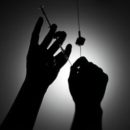 A high-contrast black and white photograph capturing the moment of a nurse's hand performing an IV insertion