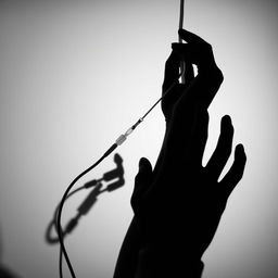 A high-contrast black and white photograph capturing the moment of a nurse's hand performing an IV insertion