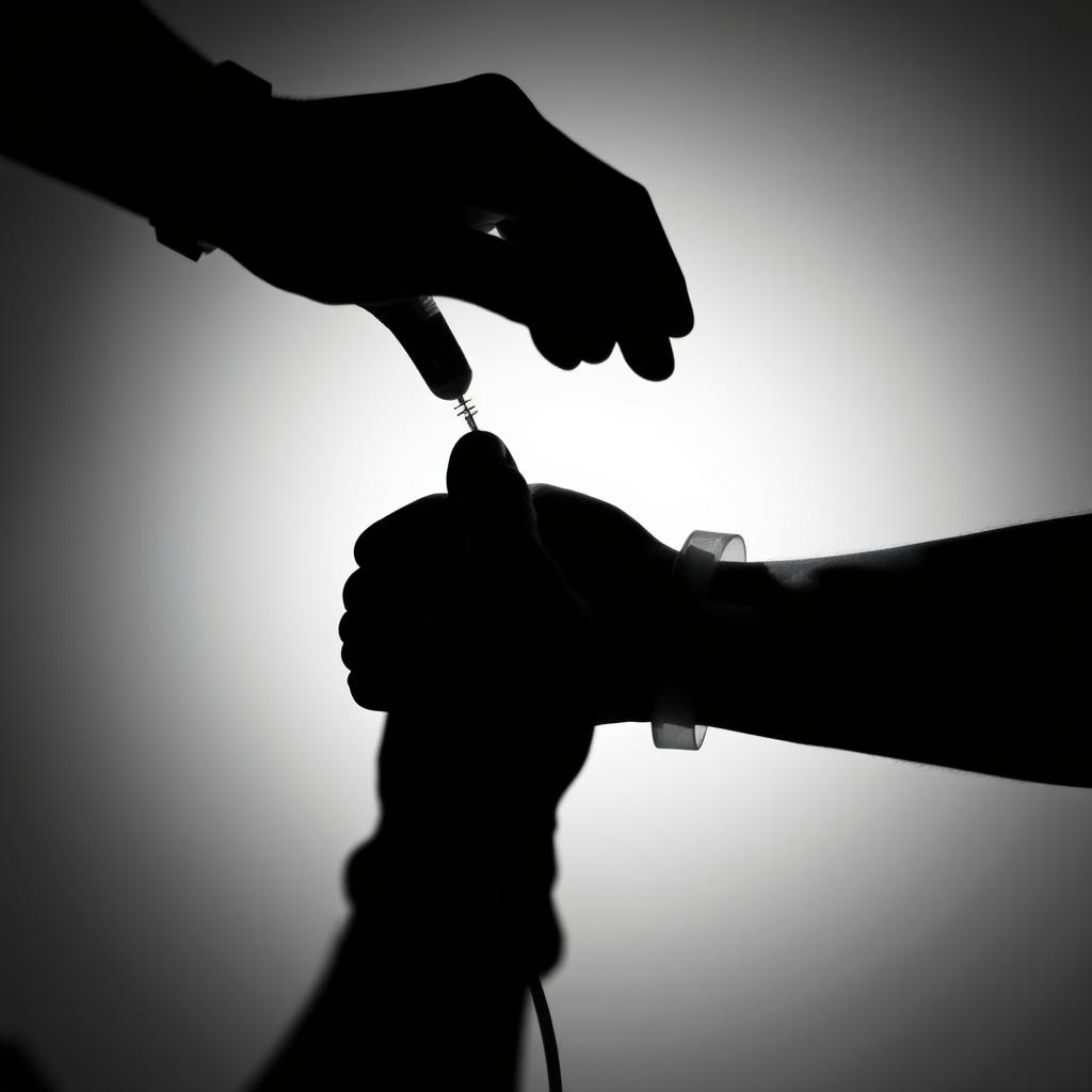 A high-contrast black and white photograph capturing the moment of a nurse's hand performing an IV insertion