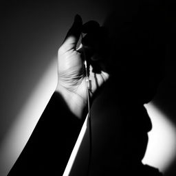 A high-contrast black and white photograph capturing the moment of a nurse's hand performing an IV insertion