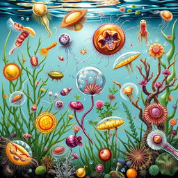 A detailed and vibrant illustration showcasing various protozoa found in freshwater environments