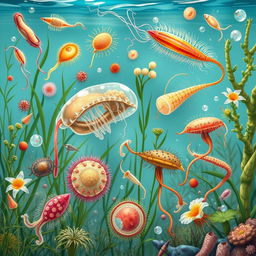 A detailed and vibrant illustration showcasing various protozoa found in freshwater environments