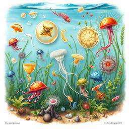 A detailed and vibrant illustration showcasing various protozoa found in freshwater environments