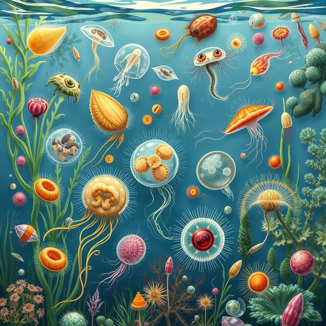 A detailed and vibrant illustration showcasing various protozoa found in freshwater environments