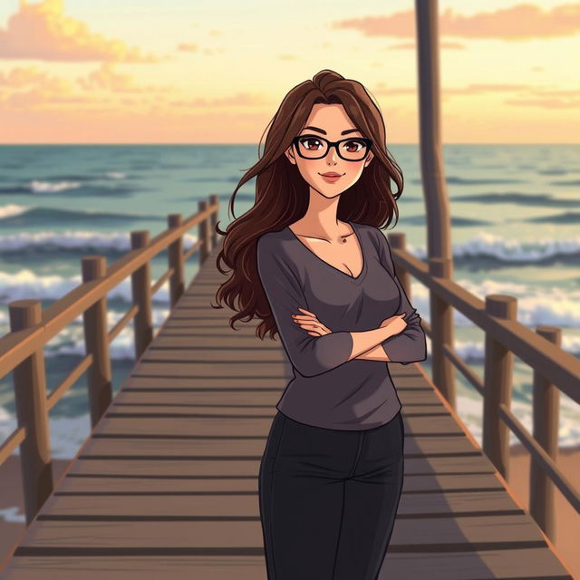 An animated illustration of a beautiful woman with wavy hair, wearing stylish glasses and modest, closed clothing