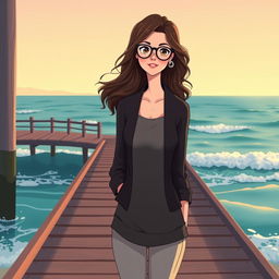 An animated illustration of a beautiful woman with wavy hair, wearing stylish glasses and modest, closed clothing