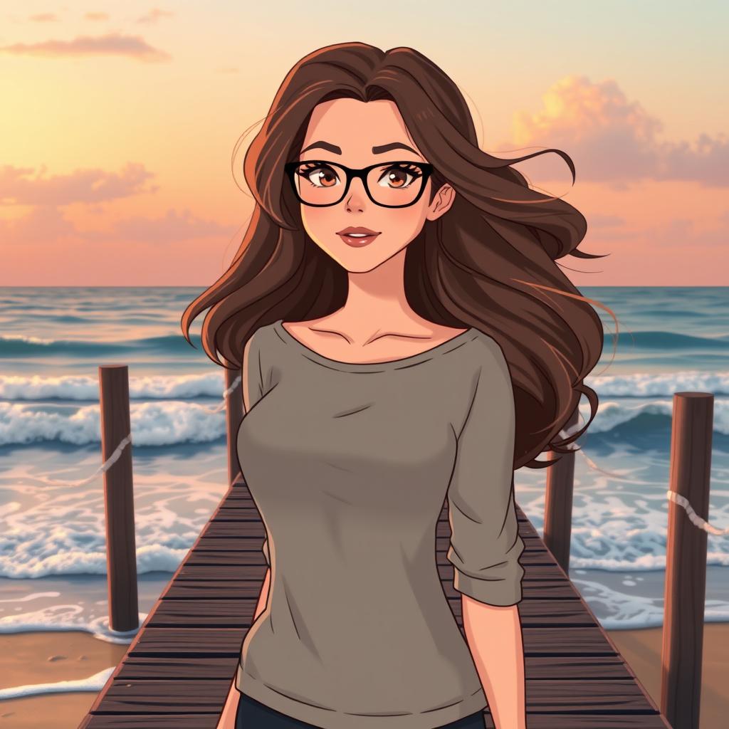 An animated illustration of a beautiful woman with wavy hair, wearing stylish glasses and modest, closed clothing