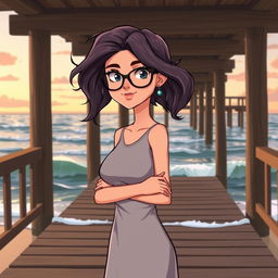 An animated illustration of a beautiful woman with wavy hair, wearing stylish glasses and modest, closed clothing