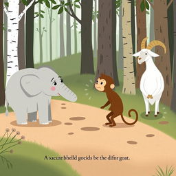 On a forest path, a gray baby elephant and a brown baby monkey are having a heated argument, both looking quite upset