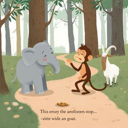On a forest path, a gray baby elephant and a brown baby monkey are having a heated argument, both looking quite upset