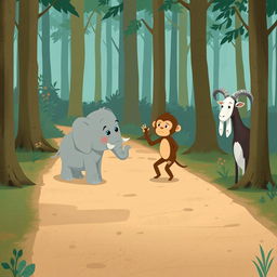 On a forest path, a gray baby elephant and a brown baby monkey are having a heated argument, both looking quite upset