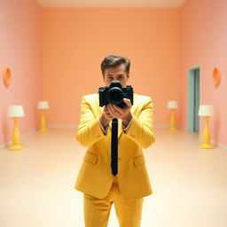 A man holding a camera, styled in the distinctive aesthetic of a Wes Anderson film