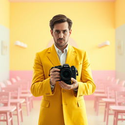 A man holding a camera, styled in the distinctive aesthetic of a Wes Anderson film