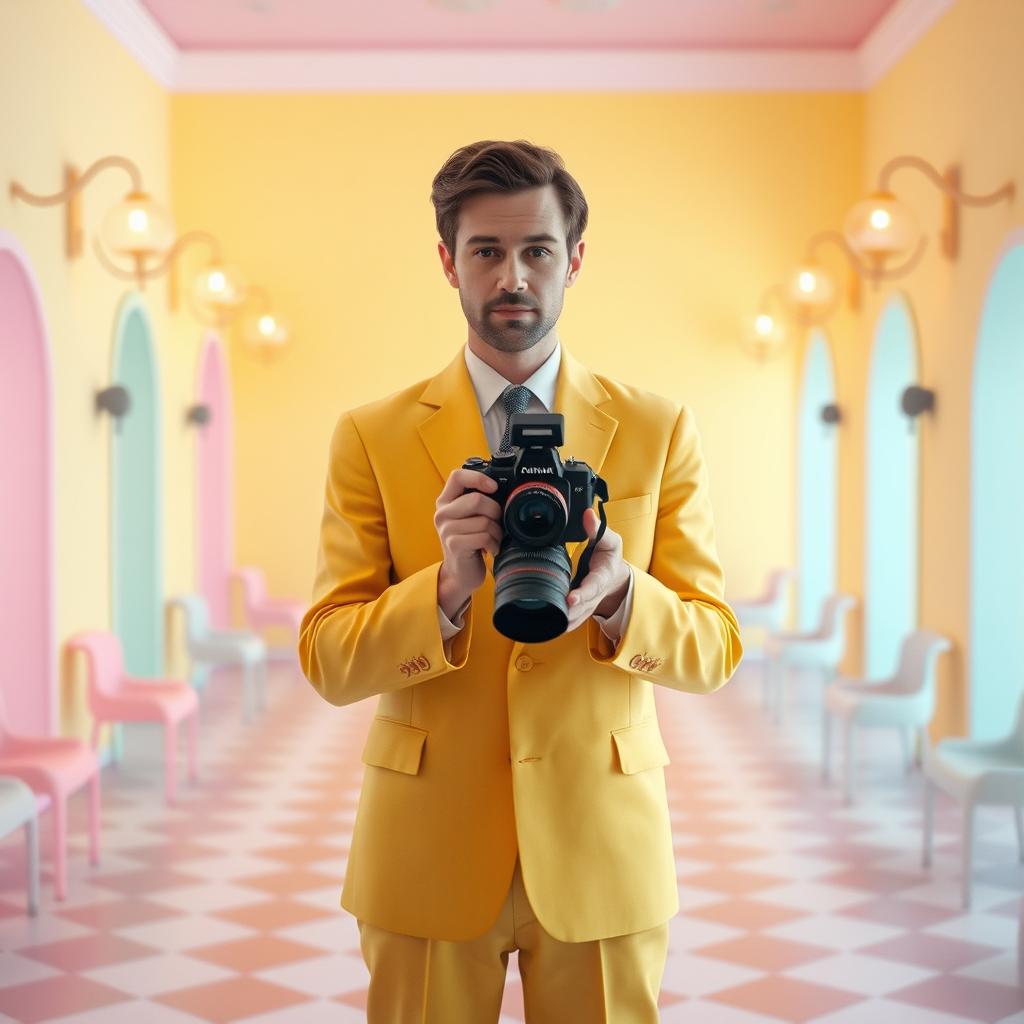 A man holding a camera, styled in the distinctive aesthetic of a Wes Anderson film