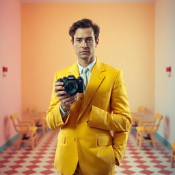 A man holding a camera, styled in the distinctive aesthetic of a Wes Anderson film