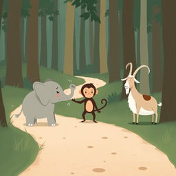 On a serene forest path, a gray baby elephant and a brown baby monkey are engaged in a lively argument, both showing expressions of anger