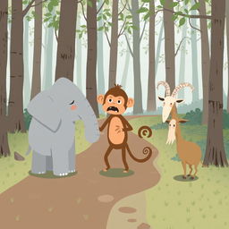 On a serene forest path, a gray baby elephant and a brown baby monkey are engaged in a lively argument, both showing expressions of anger