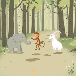 On a serene forest path, a gray baby elephant and a brown baby monkey are engaged in a lively argument, both showing expressions of anger