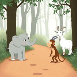 On a serene forest path, a gray baby elephant and a brown baby monkey are engaged in a lively argument, both showing expressions of anger