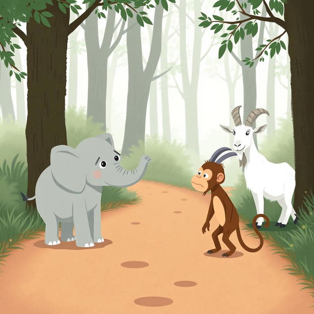 On a serene forest path, a gray baby elephant and a brown baby monkey are engaged in a lively argument, both showing expressions of anger