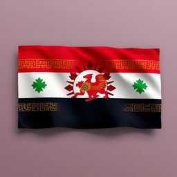 A flag design for Greater Syria inspired by the Assyrian civilization, featuring a rich color palette including deep reds, golds, and blues
