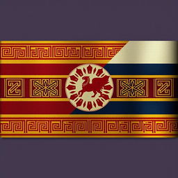 A flag design for Greater Syria inspired by the Assyrian civilization, featuring a rich color palette including deep reds, golds, and blues
