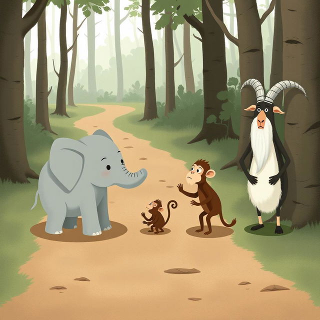 On a forest path, a gray baby elephant and a brown baby monkey are engaging in a heated argument, both showing visibly angry expressions