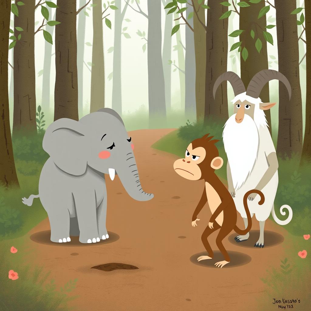 On a forest path, a gray baby elephant and a brown baby monkey are engaging in a heated argument, both showing visibly angry expressions