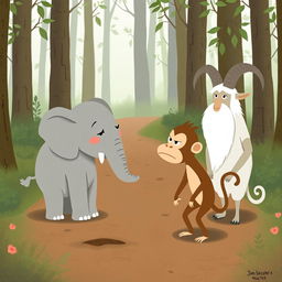 On a forest path, a gray baby elephant and a brown baby monkey are engaging in a heated argument, both showing visibly angry expressions