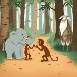 On a forest path, a gray baby elephant and a brown baby monkey are engaging in a heated argument, both showing visibly angry expressions