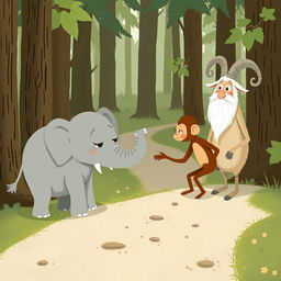 On a forest path, a gray baby elephant and a brown baby monkey are engaging in a heated argument, both showing visibly angry expressions