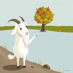An elder white goat with long, flowing whiskers stands by the riverbank, pointing towards an apple tree on the opposite shore, which is laden with bright, shiny apples