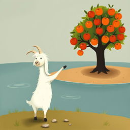 An elder white goat with long, flowing whiskers stands by the riverbank, pointing towards an apple tree on the opposite shore, which is laden with bright, shiny apples