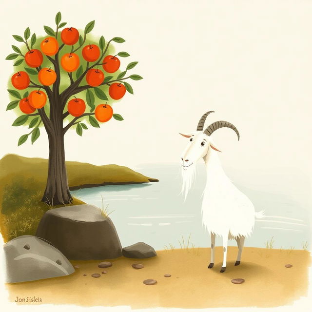 An elder white goat with long, flowing whiskers stands by the riverbank, pointing towards an apple tree on the opposite shore, which is laden with bright, shiny apples