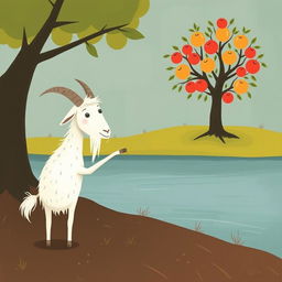 An elder white goat with long, flowing whiskers stands by the riverbank, pointing towards an apple tree on the opposite shore, which is laden with bright, shiny apples