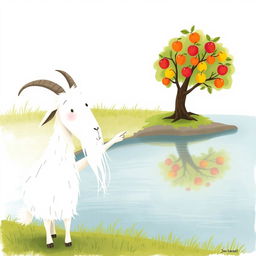 An elder white goat with long, flowing whiskers stands by the riverbank, pointing towards an apple tree on the opposite shore, which is laden with bright, shiny apples