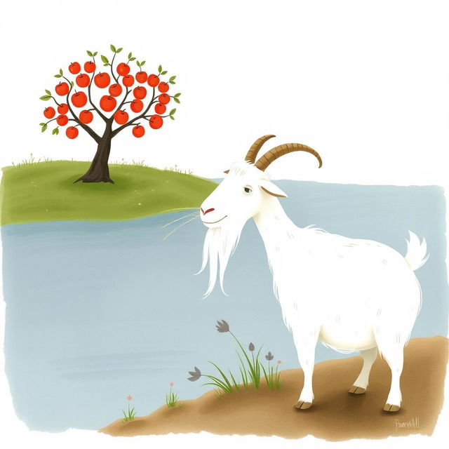 An elder white goat with long, flowing whiskers stands by the riverbank, pointing towards an apple tree on the opposite shore, which is laden with bright, shiny apples