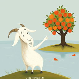 An elder white goat with long, flowing whiskers stands by the riverbank, pointing towards an apple tree on the opposite shore, which is laden with bright, shiny apples