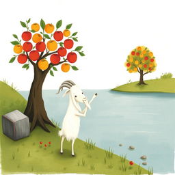 An elder white goat with long, flowing whiskers stands by the riverbank, pointing towards an apple tree on the opposite shore, which is laden with bright, shiny apples