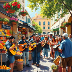 A vibrant street market scene bustling with energy, featuring musicians playing lively tunes
